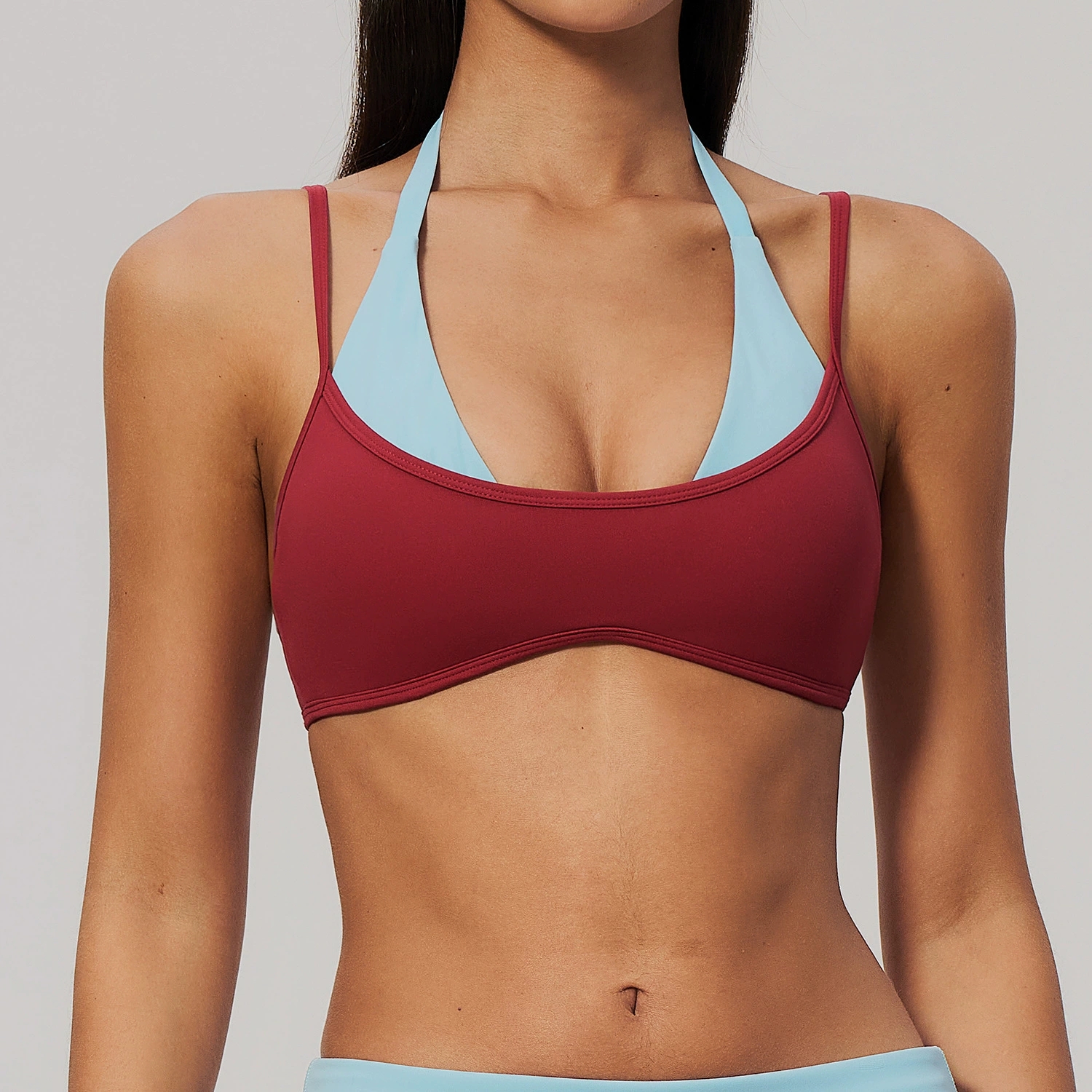 Burgundy and light blue double layer women's sports top