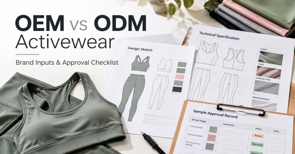 Illustration of activewear design inputs, technical specifications and sample approval records